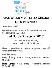 VPIS OTROK V VRTEC ŠENTILJ OZ. CERŠAK ZA LETO 2017-2018